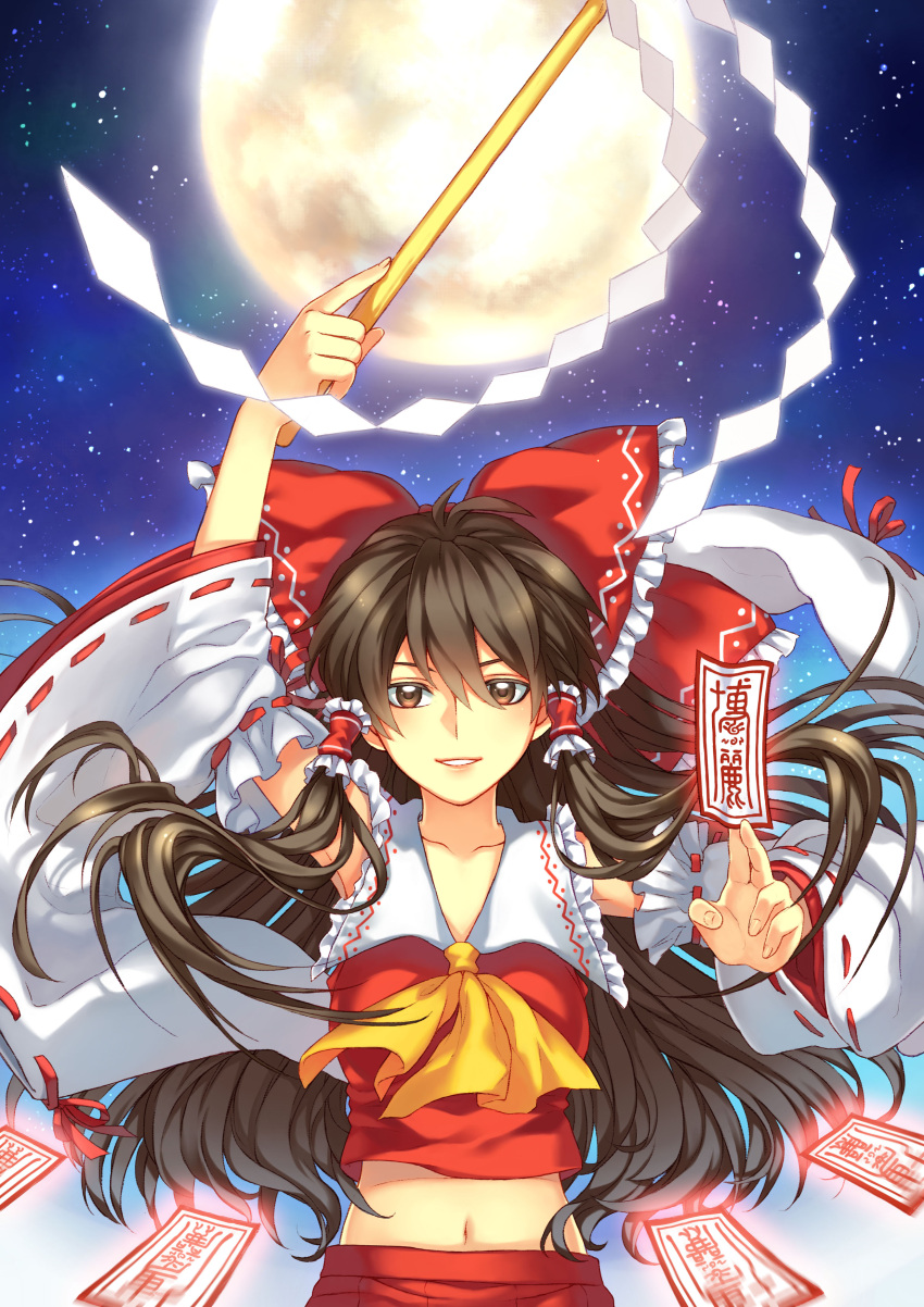 1girl absurdres arm_up ascot between_fingers bow brown_hair detached_sleeves gohei hair_bow hair_tubes hakurei_reimu highres holding long_hair looking_at_viewer moon navel ofuda parted_lips red_bow red_ribbon ribbon ribbon-trimmed_sleeves ribbon_trim sky solo star_(sky) stomach touhou wide_sleeves