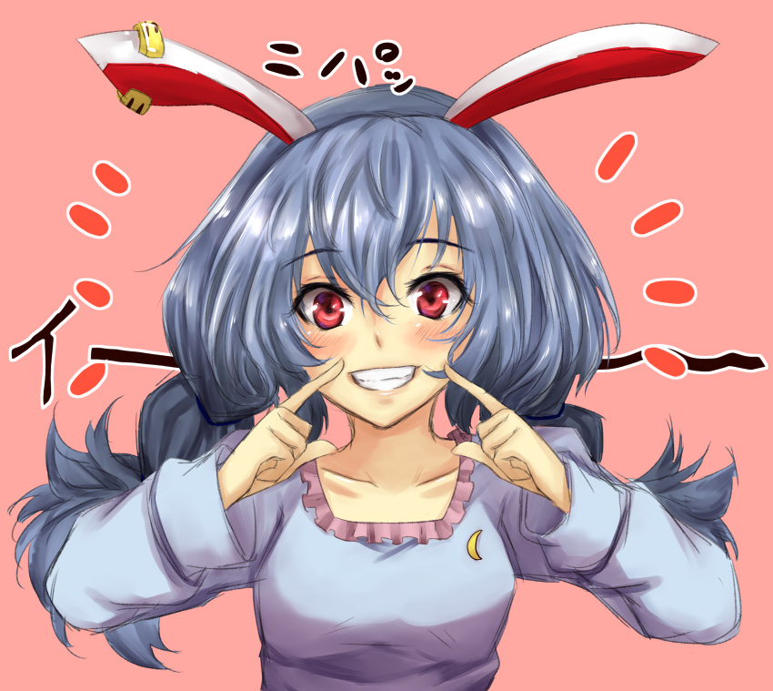1girl amagi_(amagi626) animal_ears blouse blue_hair blush crescent crescent_moon_pin grin highres index_finger_raised long_hair looking_at_viewer pink_background pointing pointing_at_self rabbit_ears red_eyes seiran_(touhou) simple_background sketch smile solo touhou twintails upper_body