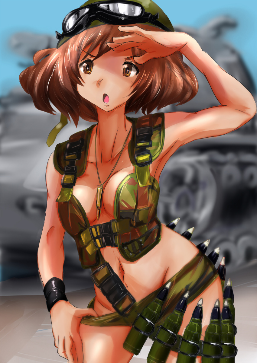 1girl akiyama_yukari ammunition ammunition_belt armor bangs bikini_armor blurry breasts brown_eyes brown_hair bullet camouflage camouflage_panties commentary_request cowboy_shot depth_of_field girls_und_panzer goggles goggles_on_headwear green_panties ground_vehicle helmet highres hyakute_gyojin jewelry load_bearing_vest medium_breasts messy_hair military military_vehicle motor_vehicle necklace no_pants open_mouth panties panty_pull pulled_by_self shading_eyes short_hair solo standing tactical_clothes tank underwear wristband