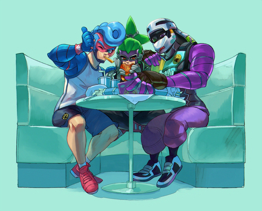 3boys aqua_background arms_(game) blue_eyes blue_hair domino_mask eating food food_in_mouth french_fries full_body green_eyes green_hair hamburger helmet heterochromia highres kid_cobra looking_at_viewer male_focus mask multiple_boys ninjara_(arms) nkraae official_style one_eye_closed orange_eyes pompadour ponytail short_hair simple_background sitting soda_cup spring_man_(arms) table tank_top thumbs_up violet_eyes wristband