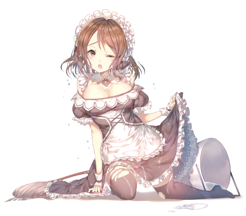1girl aile_(crossroads) apron black_legwear breasts brown_eyes brown_hair bucket large_breasts long_hair maid maid_apron maid_headdress mop one_eye_closed open_mouth original solo spill thigh-highs wet wet_clothes white_background