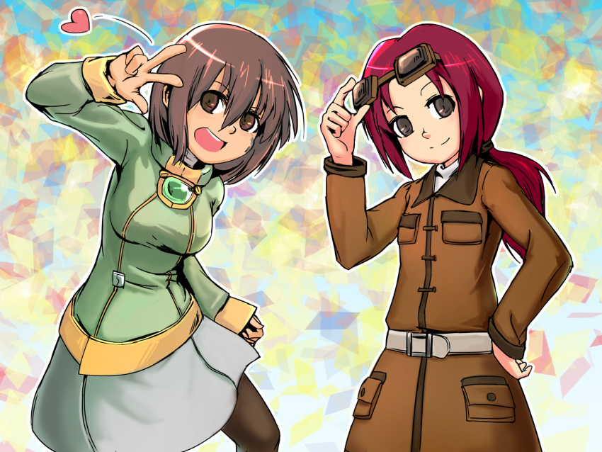 100_percent_orange_juice 2girls artist_request belt brown_eyes brown_hair character_request closed_mouth glasses heart highres long_hair looking_at_viewer multiple_girls open_mouth pocket redhead short_hair skirt smile v