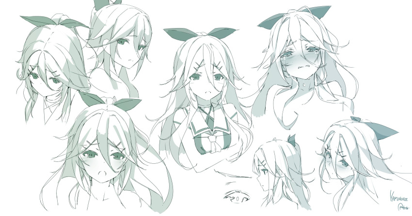 1girl artist_name azumi_akitake bare_shoulders blush bow character_name crying expressions eyebrows_visible_through_hair from_above from_side hair_between_eyes hair_bow hair_ornament hairclip highres kantai_collection long_hair looking_at_viewer monochrome open_mouth ponytail sailor_collar simple_background sketch white_background wince yamakaze_(kantai_collection)