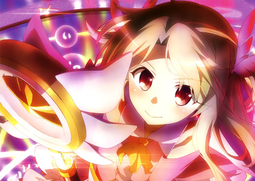 1girl absurdres bare_shoulders blush fate/kaleid_liner_prisma_illya fate_(series) feathers glowing hair_feathers highres illyasviel_von_einzbern kaleidostick long_hair looking_at_viewer magic_circle magical_girl magical_ruby official_art prisma_illya red_eyes smile solo wand white_hair