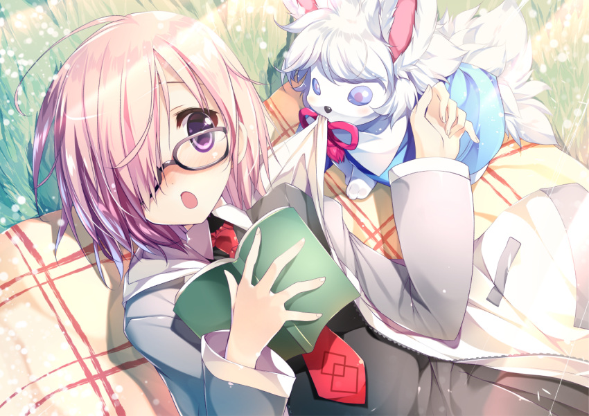 1girl blush book eyebrows_visible_through_hair fate/grand_order fate_(series) fou_(fate/grand_order) glasses hair_over_one_eye holding holding_book looking_at_viewer necktie open_mouth purple_hair red_necktie red_ribbon ribbon shielder_(fate/grand_order) shimesaba_kohada short_hair violet_eyes