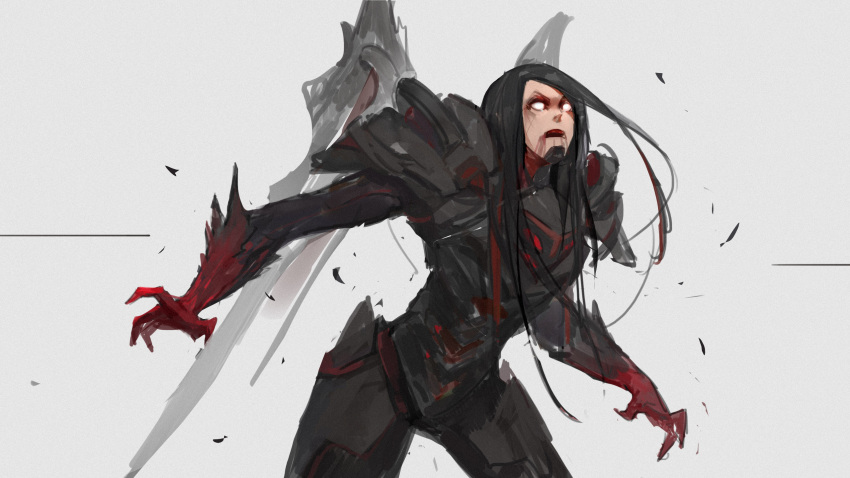 1girl adapted_costume alternate_costume alternate_hairstyle black_hair blood blood_from_mouth cowboy_shot dark_persona gaoerji grey_background highres leaning_forward long_hair looking_at_viewer no_pupils open_mouth overwatch pharah_(overwatch) power_armor short_hair simple_background sketch solo zombie