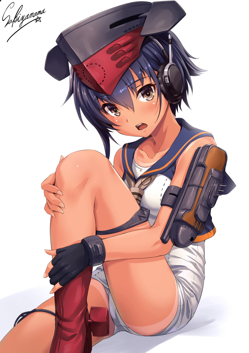 1girl :o absurdres artist_name ass asymmetrical_hair bangs bare_shoulders black_gloves blue_hair blush boots breasts brown_eyes brown_neckerchief cannon collarbone crop_top dark_skin eyebrows_visible_through_hair fingernails framed_breasts gloves hands_on_own_leg hat head_tilt headset highres i-14_(kantai_collection) kantai_collection knee_boots knee_up looking_at_viewer machinery neckerchief one- one-piece_swimsuit open_mouth partly_fingerless_gloves red_boots sailor_collar sakiyamama school_swimsuit short_hair side_ponytail simple_background single_glove sleeveless small_breasts solo swimsuit tan thigh_strap thighs turret white_background white_swimsuit
