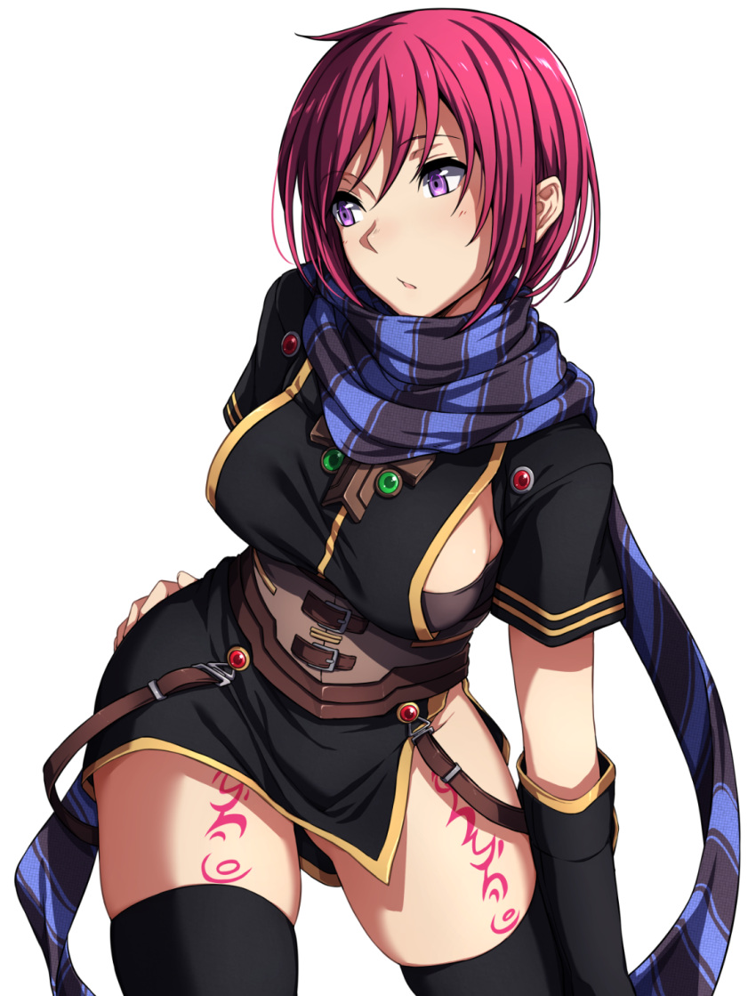 1girl :o breasts corset gloves gluteal_fold hand_on_ass highres looking_to_the_side redhead sblack scarf short_hair sideboob skindentation solo tattoo thigh-highs violet_eyes