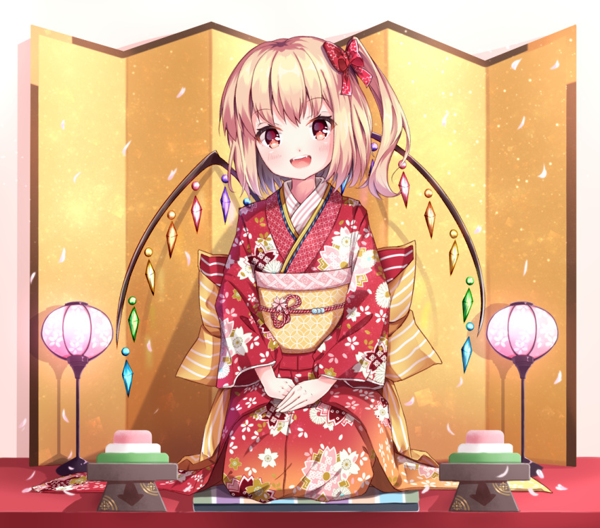 1girl alternate_costume bangs blonde_hair cherry_blossoms fangs flandre_scarlet floral_print full_body hair_ribbon head_tilt indoors japanese_clothes kimono long_sleeves looking_at_viewer obi open_mouth red_eyes red_ribbon ribbon sash seiza shiero. side_ponytail sitting smile solo teeth touhou wide_sleeves wings