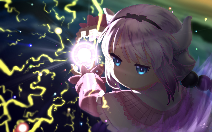 1girl blue_eyes capelet commentary_request dragon_girl dragon_horns dragon_tail fighting_stance hair_bobbles hair_ornament hairband highres horns kanna_kamui kobayashi-san_chi_no_maidragon lavender_hair light_rays lightning long_hair looking_at_viewer low_twintails moemaru orb slit_pupils solo tail twintails