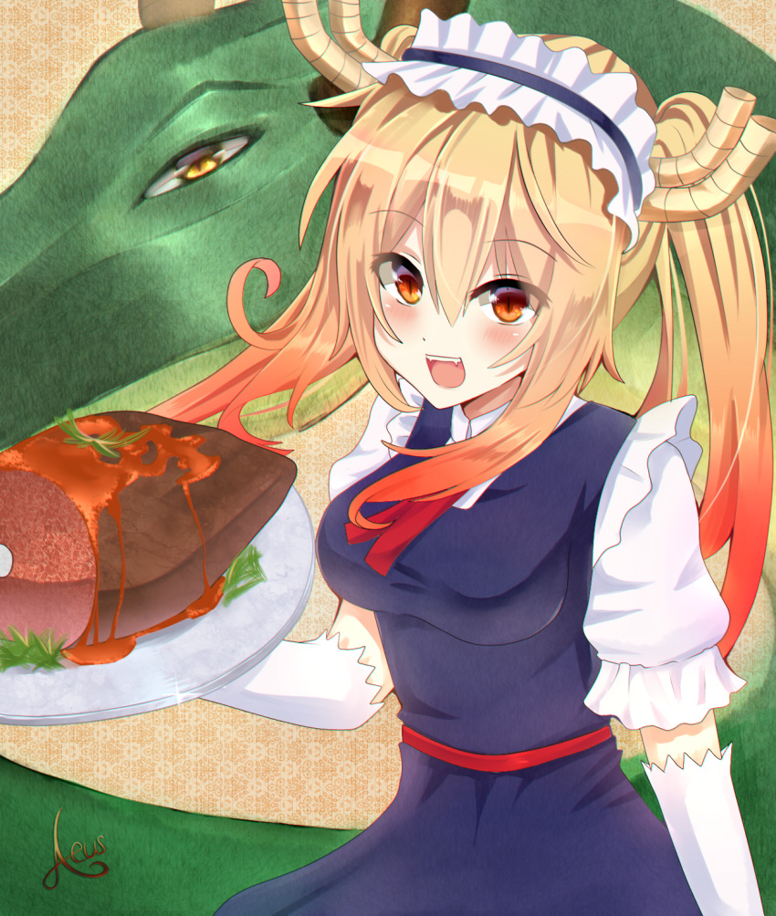 1girl :d aeus artist_name ascot black_dress blonde_hair breasts collared_shirt cravat dragon dragon_girl dragon_horns dress dress_shirt elbow_gloves eyebrows_visible_through_hair fangs food frilled_sleeves frills gloves gradient gradient_hair hair_between_eyes hand_up highres holding holding_plate horns kobayashi-san_chi_no_maidragon long_hair looking_at_viewer maid maid_headdress meat medium_breasts monster multicolored multicolored_hair necktie open_mouth orange_eyes orange_hair plate puffy_short_sleeves puffy_sleeves red_ascot red_necktie redhead sash sauce shirt short_sleeves sidelocks sleeveless sleeveless_dress smile solo tooru_(dragon)_(maidragon) tooru_(maidragon) twintails upper_body white_gloves white_shirt yellow_eyes