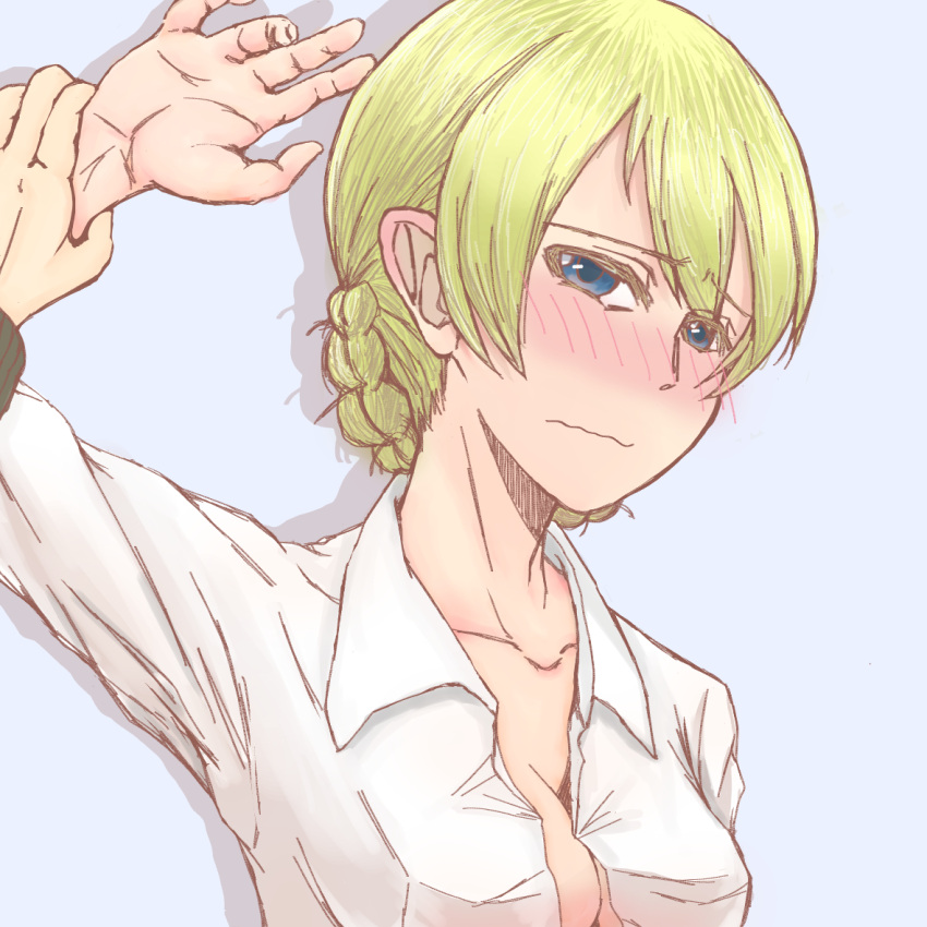 1girl azumane_ryou blue_eyes blush breasts cleavage darjeeling girls_und_panzer grey_background looking_at_viewer medium_breasts nose_blush open_clothes open_shirt restrained shirt short_hair sketch solo_focus upper_body wavy_mouth wrist_grab