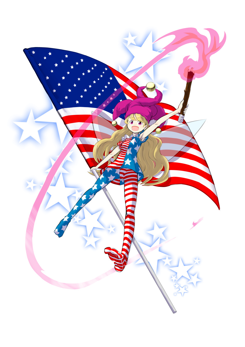 1girl absurdres american_flag american_flag_dress american_flag_legwear blonde_hair clownpiece dress fairy_wings fire full_body hat highres holding holding_flag jester_cap long_hair looking_at_viewer microdress neck_ruff nonyama_(mudax121) open_mouth pantyhose short_sleeves simple_background smile solo star star_print striped torch touhou violet_eyes white_background wings
