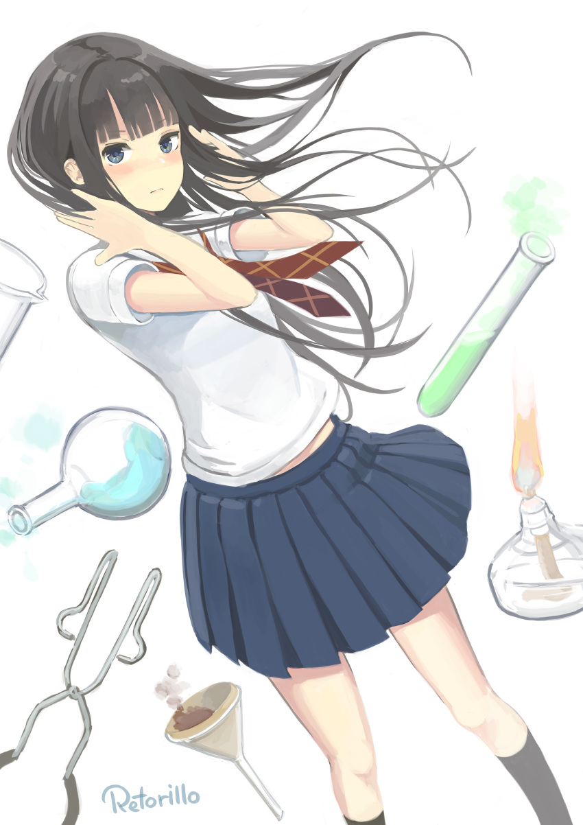 1girl absurdres alcohol_burner artist_name black_eyes black_hair blush burner commentary_request funnel futami_eriko highres kimi_kiss long_hair looking_at_viewer necktie pleated_skirt retorillo school_uniform serafuku skirt solo test_tube tongs white_background