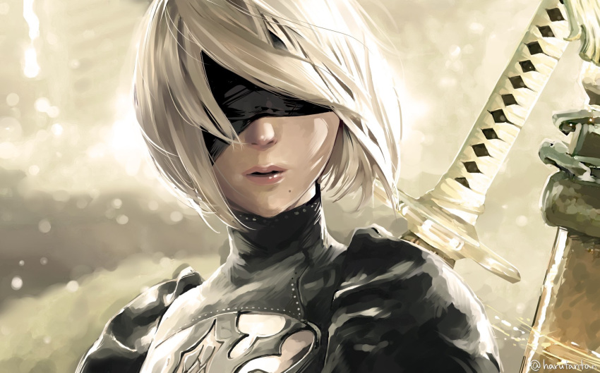 artist_name black_dress blindfold cleavage_cutout commentary covered_eyes dress harutan044 highres mole mole_under_mouth nier_(series) nier_automata pink_lips puffy_sleeves sword tagme weapon weapon_on_back white_hair yorha_no._2_type_b