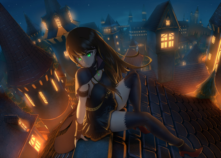 1girl bangs black_legwear brown_hair cape dress green_eyes halloween highres idolmaster idolmaster_cinderella_girls jay_zhang long_hair rooftop shibuya_rin short_dress sitting sitting_on_roof solo thigh-highs town