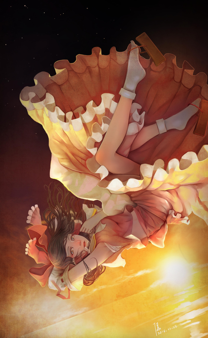 1girl 2016 absurdres arm_behind_head armpits bobby_socks bow brown_eyes brown_hair commentary_request detached_sleeves diandianzai falling frilled_skirt frills hair_bow hair_tubes hakurei_reimu hand_on_own_chest highres lips long_hair looking_at_viewer parted_lips red_bow red_ribbon ribbon sarashi skirt sky socks solo star_(sky) sun tabi teeth touhou upside-down white_legwear zouri