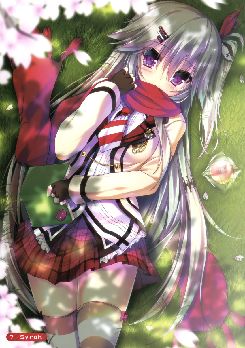 1girl absurdres artist_name black_gloves cherry_blossoms eyebrows_visible_through_hair fingerless_gloves from_above gloves grass grey_hair hair_between_eyes hair_ornament hair_ribbon hairclip hanasaki_work_spring highres jacket long_hair looking_at_viewer lying necktie on_back pleated_skirt red_ribbon red_scarf red_skirt ribbon scarf scarf_over_mouth shiranui_inori shirt short_necktie side_ponytail skirt solo striped striped_legwear striped_necktie syroh thigh-highs very_long_hair violet_eyes white_shirt
