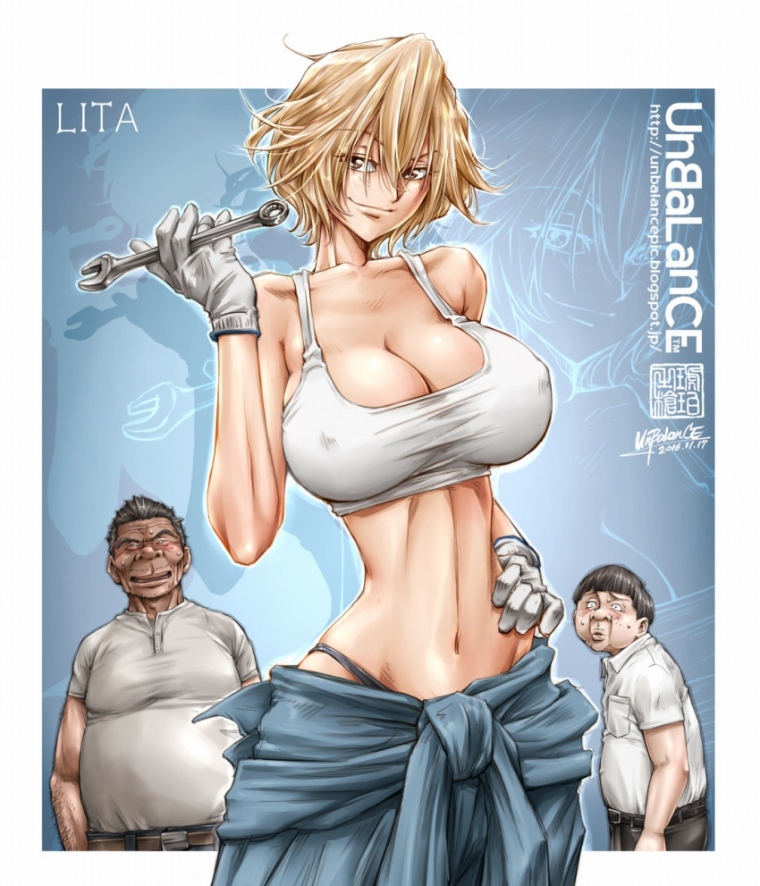 1girl 2boys artist_name bare_shoulders belt blonde_hair blush breasts brown_eyes character_name cleavage collared_shirt dated erect_nipples gloves hand_on_hip highres large_breasts lita_(unbalance) multiple_boys original shirt short_hair smile thong unbalance white_gloves wrench