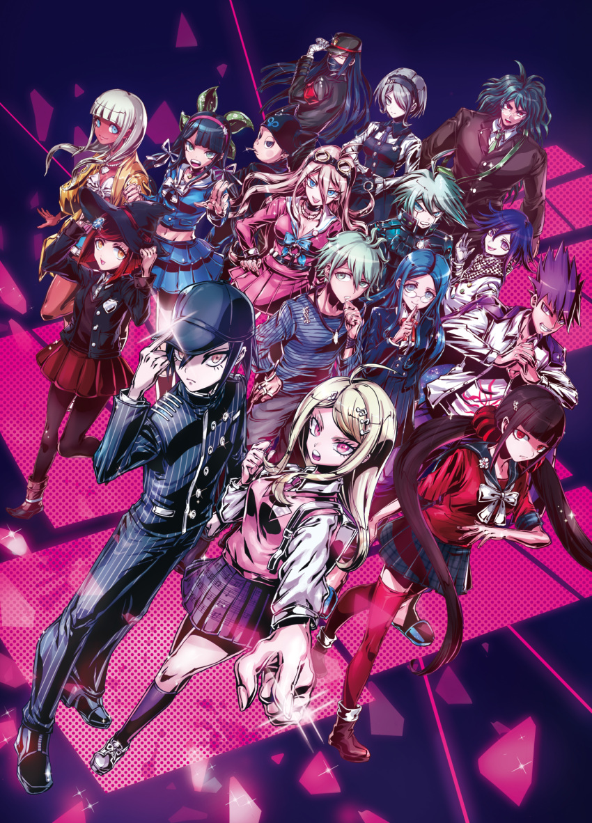 6+boys 6+girls adjusting_clothes adjusting_hat ahoge akamatsu_kaede amami_rantarou android armband backpack bag bangs barbed_wire baseball_cap beamed_quavers bikini bikini_top black_gloves black_hair blazer blonde_hair blue_eyes blue_shirt blue_skirt blunt_bangs bob_cut boots brown_boots buttons chabashira_tenko checkered_scarf choker clenched_hand cracking_knuckles dangan_ronpa dark_skin dark_skinned_male diffraction_spikes dress dutch_angle ear_piercing everyone eyelashes facial_hair finger_to_mouth fingerless_gloves frilled_bikini frills gakuran glasses gloves goatee goggles goggles_on_head gokuhara_gonta green_eyes green_hair grey_skirt hair_ornament hair_over_one_eye hair_ribbon hairband hairclip hand_on_hip hands_together harukawa_maki hat hat_tip highres horned_hat horned_headwear hoshi_ryouma index_finger_raised insect_cage iruma_miu jacket jacket_on_shoulders jewelry keebo layered_skirt long_hair looking_at_viewer low_twintails midriff momota_kaito multiple_boys multiple_girls musical_note musical_note_hair_ornament musical_note_print necklace necktie new_dangan_ronpa_v3 open_mouth orange_ribbon ouma_kokichi pantyhose piercing pinafore_dress pinstripe_pattern plaid plaid_skirt pleated_skirt pointing pointing_at_viewer pout power_armor puppeteer7777 purple_hair purple_legwear purple_necktie purple_skirt quaver randoseru red_eyes red_skirt ribbon round_glasses saihara_shuuichi scarf school_uniform scrunchie semiquaver serafuku shinguuji_korekiyo shirogane_tsumugi shirt shoes short_hair silver_hair skirt smile sneakers sparkle spiky_hair staff_(music) straitjacket striped striped_shirt sweater_vest swimsuit thigh-highs tongue tongue_out toujou_kirumi twintails violet_eyes white_skin witch_hat yellow_eyes yellow_jacket yonaga_angie yumeno_himiko