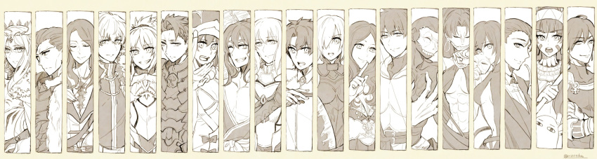 agravain_(fate/grand_order) archer_(fate/prototype_fragments) armor artoria_pendragon_alter_(fate/grand_order) artoria_pendragon_lancer_(fate/grand_order) assassin_(fate/prototype_fragments) assassin_(fate/zero) banira_(ri0115ka) bedivere berserker_(fate/zero) fate/apocrypha fate/extra fate/grand_order fate/hollow_ataraxia fate/prototype fate/prototype:_fragments_of_blue_and_silver fate/stay_night fate_(series) female_assassin_(fate/zero) fujimaru_ritsuka_(male) gawain_(fate/extra) highres lancelot_(fate/grand_order) leonardo_da_vinci_(fate/grand_order) long_hair looking_at_viewer mask monochrome multiple_boys multiple_girls nitocris_(fate/grand_order) rider_(fate/prototype_fragments) saber saber_alter saber_of_red sherlock_holmes_(fate/grand_order) shielder_(fate/grand_order) short_hair skull smile tristan_(fate/grand_order) true_assassin