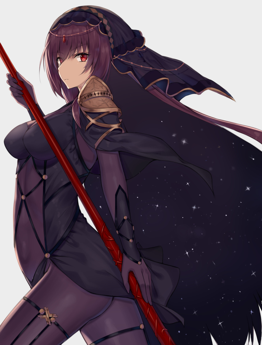 1girl armor bodysuit breasts fate/grand_order fate_(series) gae_bolg highres holding holding_weapon kanikou large_breasts long_hair looking_at_viewer polearm purple_bodysuit purple_hair red_eyes scathach_(fate/grand_order) shoulder_armor solo spear veil weapon