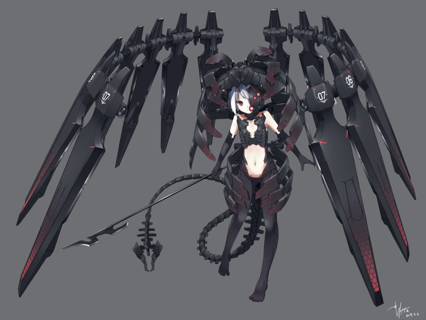 1girl 2017 armor arms_at_sides artist_name bare_shoulders black_gloves bodysuit breastplate commentary_request dated elbow_gloves flat_chest full_body gloves grey_background hexagon holding holding_weapon looking_at_viewer makadamixa mask mecha_musume mechanical_parts mechanical_tail navel no_shoes number one_eye_covered original polearm red_eyes short_hair silver_hair simple_background solo standing standing_on_one_leg stomach weapon