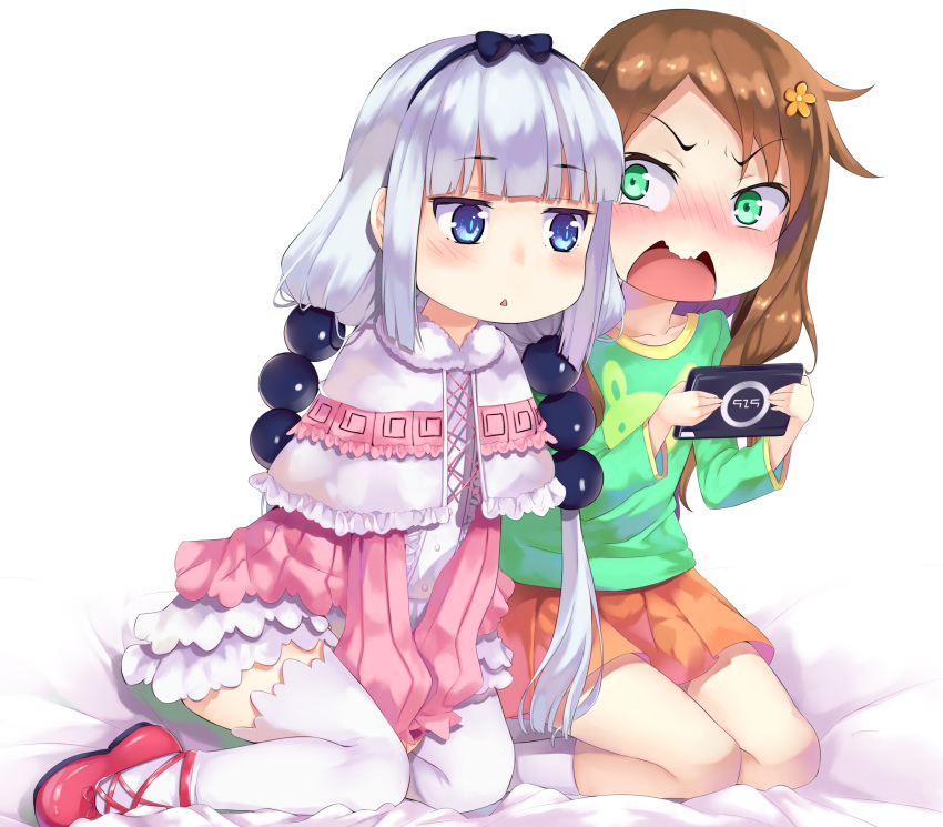 2girls aoi_(buzhuen444) bangs beads blue_eyes blunt_bangs blush brown_hair capelet dress eyebrows_visible_through_hair green_eyes hair_beads hair_ornament hairband highres holding kanna_kamui kobayashi-san_chi_no_maidragon long_hair long_sleeves looking_at_another multiple_girls open_mouth orange_skirt red_shirt red_shoes saikawa_riko shirt shoes silver_hair simple_background sitting skirt socks thigh-highs twintails v_arms white_legwear yuri zettai_ryouiki