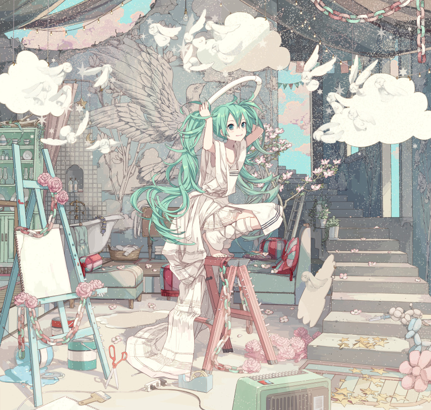 1girl angel barefoot bathtub bird clouds couch easel extension_cord flower full_body green_eyes green_hair hatsune_miku highres ixima paint paintbrush paper_chain plant potted_plant scissors solo squatting stairs star stepladder tape twintails vocaloid