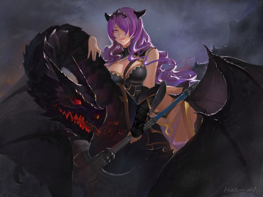 1girl axe breasts camilla_(fire_emblem_if) cleavage dark_background dragon fire_emblem fire_emblem_if hair_over_one_eye highres looking_at_viewer parted_lips purple_hair quaanqin riding tiara violet_eyes weapon