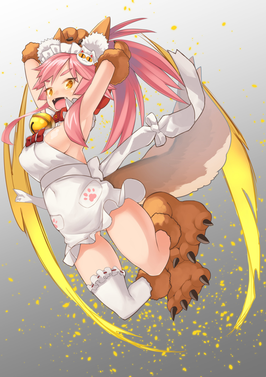 1girl animal_ears asanuma bell bell_collar breasts collar fangs fate/grand_order fate_(series) fox_ears fox_tail hair_ribbon highres jumping large_breasts long_hair looking_at_viewer open_mouth paws pink_hair ribbon single_thighhigh solo tail tamamo_(fate)_(all) tamamo_cat_(fate) tamamo_no_mae_(fate) thigh-highs under_boob white_legwear yellow_eyes
