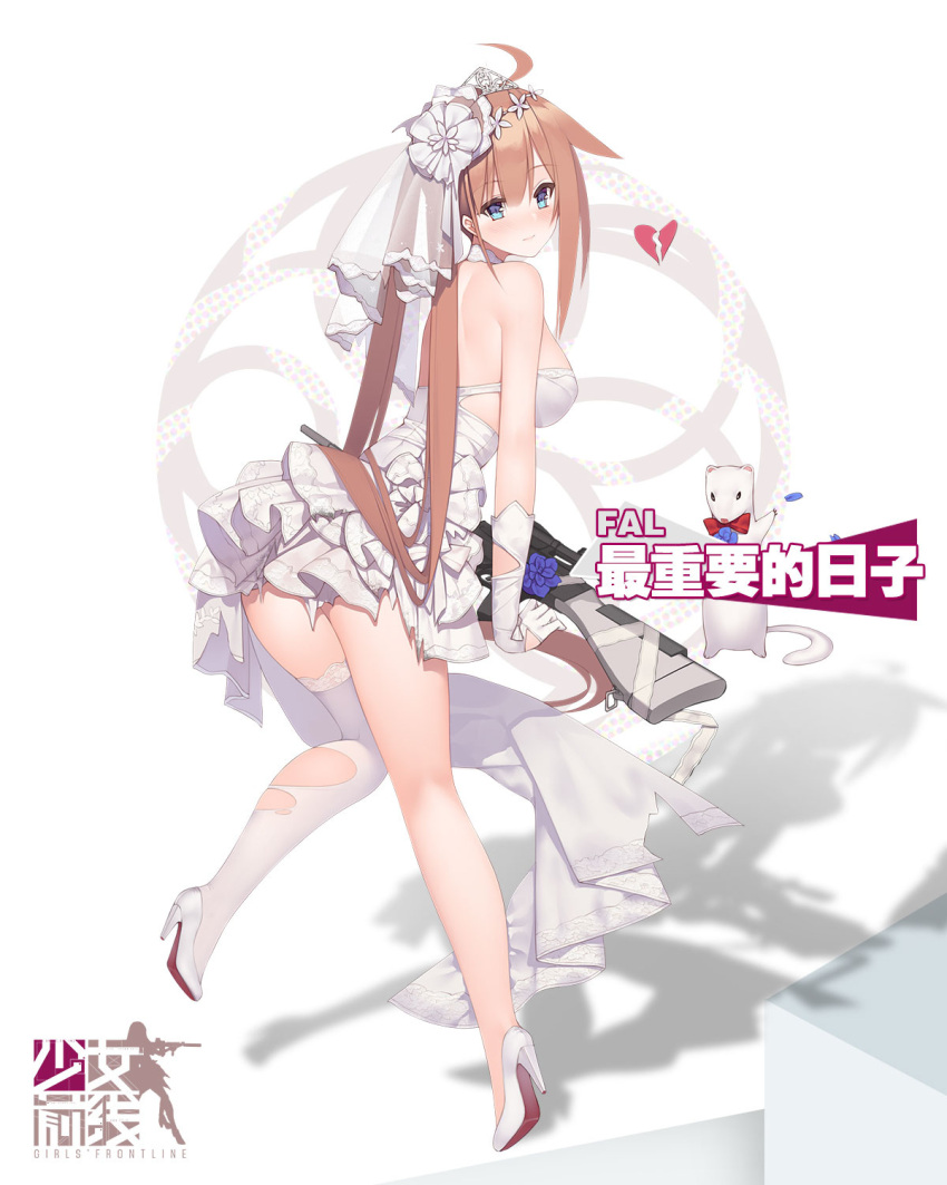 1girl ahoge animal ass bangs battle_rifle blonde_hair blue_eyes blunt_bangs blush bow bowtie breasts bridal_veil bride broken_heart character_name choker closed_mouth copyright_name dress elbow_gloves eyebrows_visible_through_hair fal_(girls_frontline) flower fn_fal from_behind full_body girls_frontline gloves gun hair_flower hair_ornament highres knees_together_feet_apart knife leg_up long_hair looking_at_viewer looking_back one_leg_raised rat red_bow red_bowtie rifle scope shadow short_dress side_ponytail single_thighhigh solo standing standing_on_one_leg strapless strapless_dress suisai. thigh-highs torn_clothes torn_dress veil very_long_hair weapon wedding_dress white_background white_dress white_flower white_gloves white_legwear