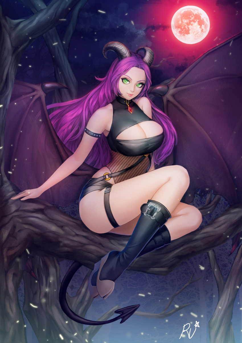 1girl absurdres arm_at_side arm_strap bangs bare_tree black_boots boots breasts closed_mouth clouds demon_girl demon_tail demon_wings full_body full_moon green_eyes head_tilt highres horns in_tree knee_boots large_breasts long_hair looking_at_viewer low_wings moon night night_sky original outdoors parted_bangs purple_hair realistic red_moon sitting sky smile solo star succubus tail thigh_strap tree very_long_hair w_ruwaki wings