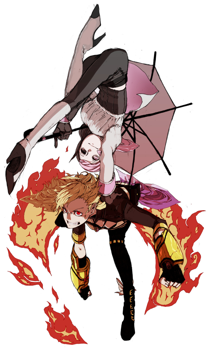 2girls acrobatics blonde_hair boots breasts brown_eyes brown_hair buckle burning_hand cleavage clenched_teeth fingerless_gloves fire gloves glowing glowing_eyes hand_on_another's_shoulder high_heel_boots high_heels highres knee_boots leaning_forward long_hair monorobu multiple_girls neo_(rwby) pants pink_eyes pink_hair red_eyes rwby sketch teeth umbrella vambraces white_background yang_xiao_long