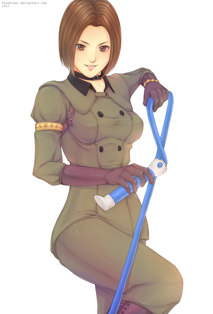 1girl boots bracelet breasts brown_hair choker commentary gloves highres jewelry kthovhinao_virmi military military_uniform short_hair snk solo the_king_of_fighters the_king_of_fighters_xiv uniform weapon whip whip_(kof)