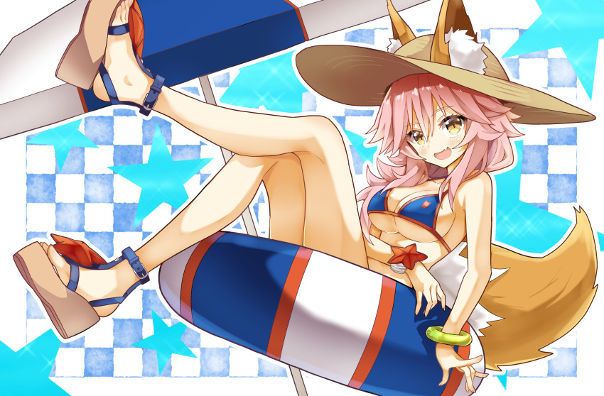 1girl absurdres animal_ears bikini blue_bikini blush breasts cleavage fang fate/extra fate/grand_order fate_(series) fox_ears fox_tail hat highres large_breasts long_hair looking_at_viewer nanakusa_amane open_mouth parasol pink_hair sitting solo swimsuit tail tamamo_(fate)_(all) tamamo_no_mae_(swimsuit_lancer)_(fate) umbrella under_boob yellow_eyes