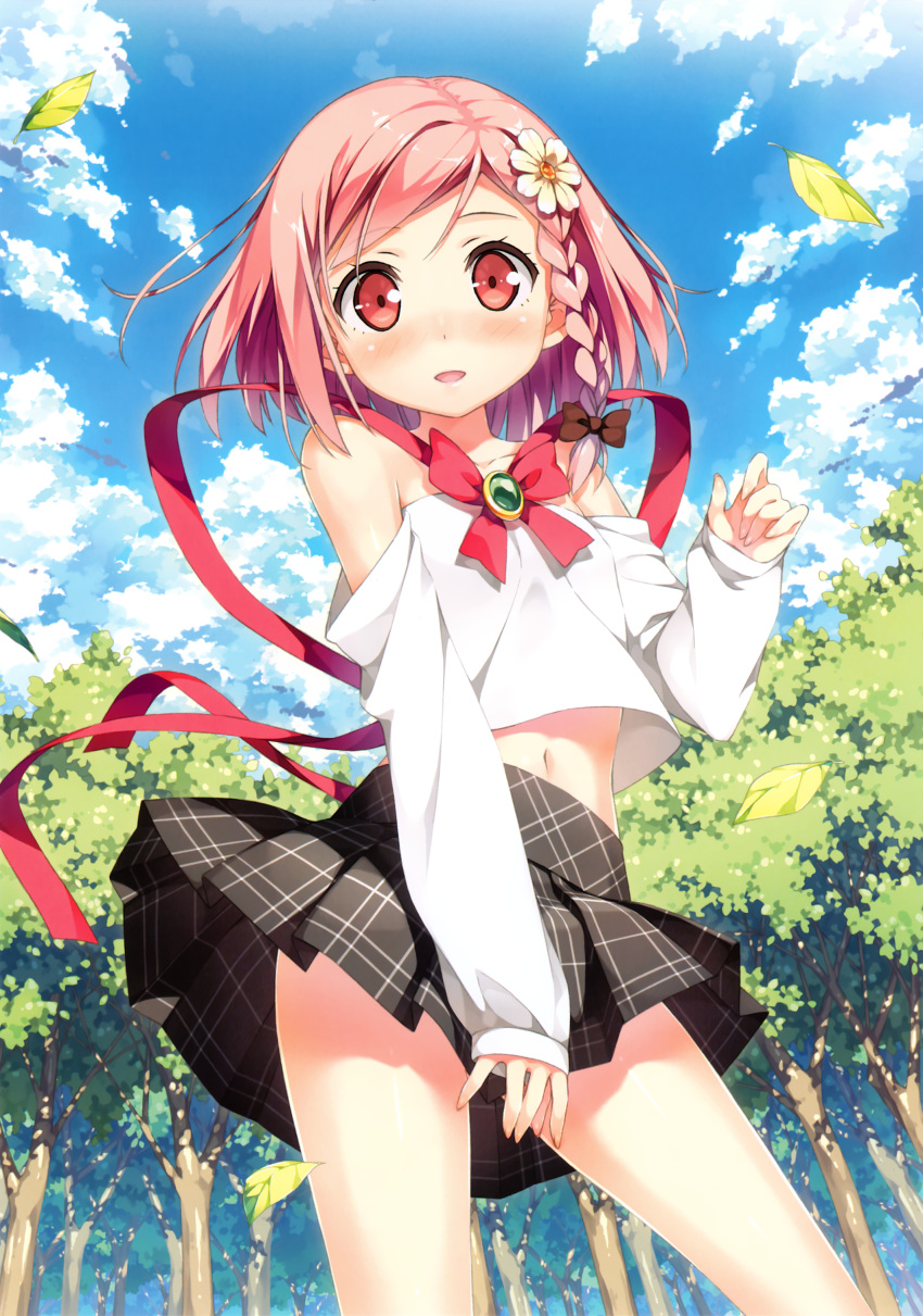 1girl absurdres black_bow black_skirt blush bow braid clouds cloudy_sky collarbone flower forest from_below hair_bow hair_flower hair_ornament highres kantoku leaf looking_at_viewer midriff nature navel open_mouth outdoors pink_hair pleated_skirt red_eyes shirt short_hair skirt sky solo stomach tree white_shirt your_diary yua_(your_diary)