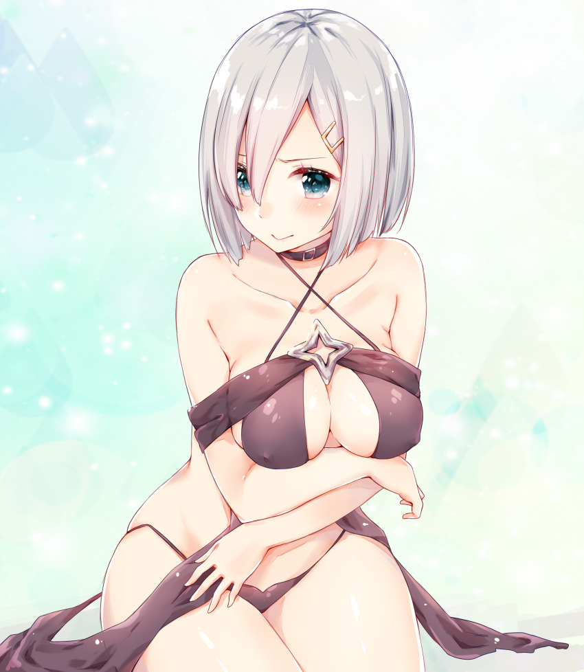 1girl adapted_costume alternate_costume azuki_(krps-hano) blue_eyes blush breast_hold breasts collarbone cosplay criss-cross_halter erect_nipples eyes_visible_through_hair hair_ornament hair_over_one_eye hairclip halter_top halterneck hamakaze_(kantai_collection) highres kantai_collection konjiki_no_yami konjiki_no_yami_(cosplay) large_breasts lips looking_at_viewer midriff revealing_clothes short_hair silver_hair simple_background sitting thighs to_love-ru to_love-ru_darkness