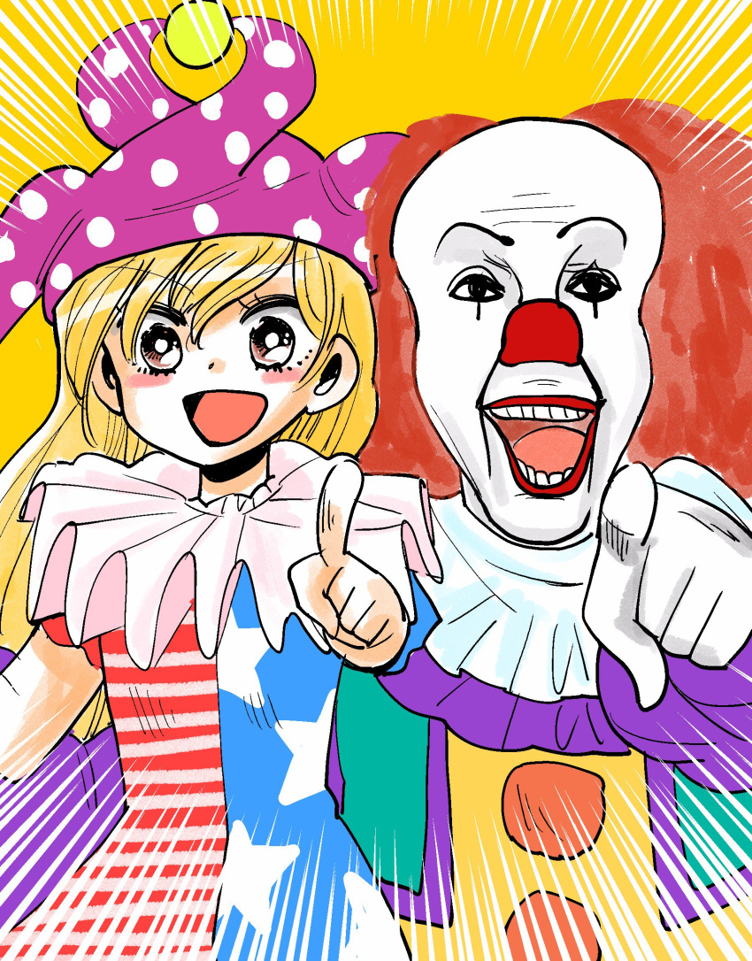 1boy 1girl :d american_flag_dress blonde_hair clown clownpiece commentary foreshortening gloves hat highres it_(stephen_king) jester_cap komaku_juushoku legacy_of_lunatic_kingdom open_mouth pennywise pink_eyes pointing pointing_at_viewer red_nose redhead smile teeth touhou