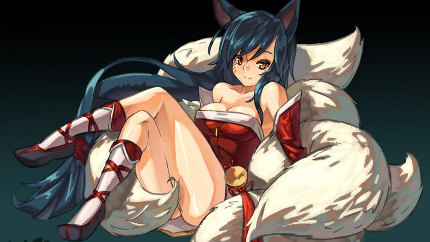 1girl ahri animal_ears bare_shoulders black_hair breasts cleavage collarbone detached_sleeves facial_mark fox_ears fox_tail gradient gradient_background highres korean_clothes league_of_legends long_hair looking_at_viewer multiple_tails sitting slit_pupils smile solo tail whisker_markings yellow_eyes