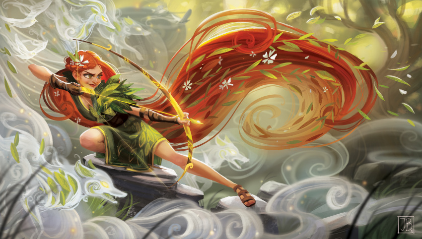1girl absurdly_long_hair arrow artemis_(mythology) bow_(weapon) braid brown_gloves closed_mouth commentary drawing_bow dress flower from_side full_body gloves glowing glowing_eyes greek_mythology green_dress green_eyes hair_flower hair_ornament highres holding julia_blattman leaf long_hair open_mouth orange_hair outstretched_leg partly_fingerless_gloves plant realistic rock smile solo spirit very_long_hair weapon yellow_eyes