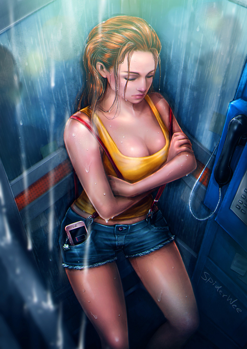 1girl artist_name breasts cellphone cleavage closed_eyes closed_mouth commentary crossed_arms cutoffs denim denim_shorts from_above hair_slicked_back highres kasumi_(pokemon) leaning_back medium_breasts midriff phone phone_booth pokemon pokemon_(anime) rain realistic shirt short_shorts shorts silhouette smartphone solo spiderwee standing suspenders tank_top wet wet_clothes yellow_shirt