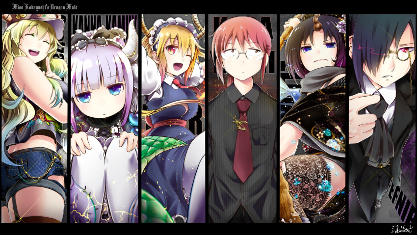 1boy 5girls :d ;d ascot black_hair blonde_hair blue_eyes brown_eyes brown_hair butler commentary_request curly_hair dragon_girl dragon_horns dragon_tail elma_(maidragon) fafnir_(maidragon) glasses gradient_hair hairband hat highres horns kanato_(aquariumest) kanna_kamui kobayashi-san_chi_no_maidragon kobayashi_(maidragon) lavender_hair long_hair low_twintails maid maid_headdress multicolored_hair multiple_girls necktie one_eye_closed open_mouth orange_eyes pince-nez quetzalcoatl_(maidragon) red_eyes scarf short_hair slit_pupils smile tail tooru_(maidragon) twintails