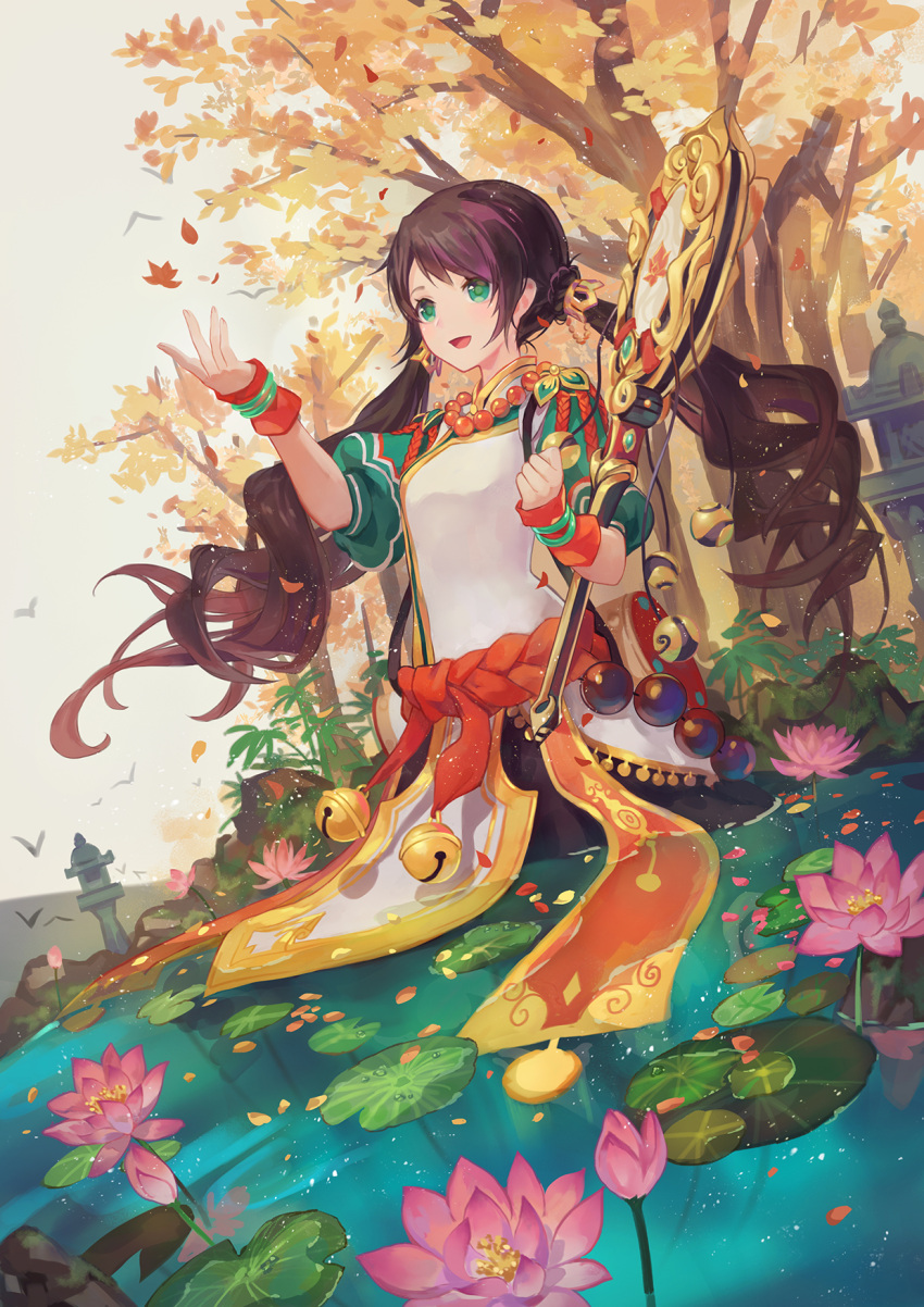 1girl :d arm_warmers autumn_leaves bead_necklace beads bell black_hair chinese_clothes criin_(659503) dress floating_hair green_eyes hair_ornament highres holding holding_weapon jewelry jingle_bell lily_pad looking_at_viewer low_twintails necklace open_mouth original outdoors partially_submerged petals prayer_beads puffy_short_sleeves puffy_sleeves river sash short_sleeves smile solo standing twintails weapon