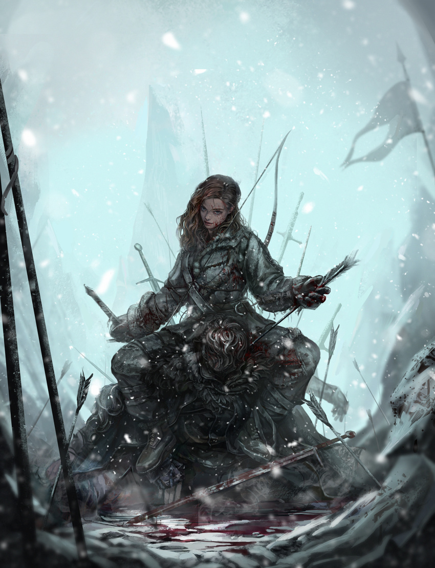 1girl arrow asymmetrical_bangs bangs blood blood_on_face bloody_clothes bloody_hair bloody_hands bloody_weapon blue_eyes blurry boots bow_(weapon) brown_hair choi_ji_wuk coat corpse day depth_of_field game_of_thrones gloves highres holding holding_arrow holding_sword holding_weapon long_hair outdoors pants parted_lips pool_of_blood realistic silver_hair sitting sitting_on_person snowing sword weapon ygritte
