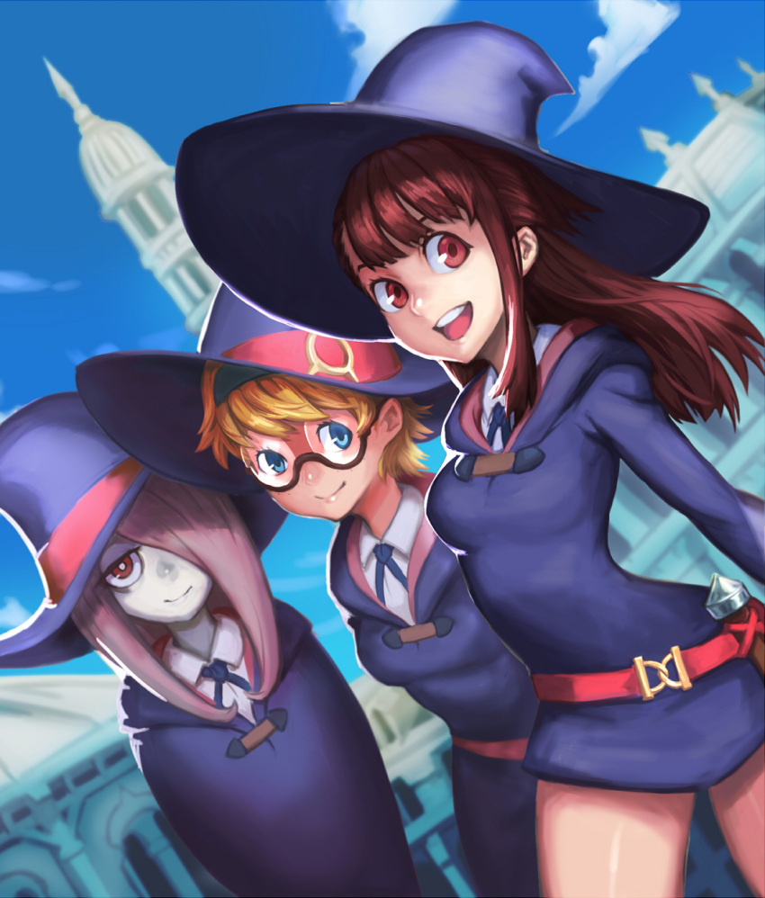 3girls :d artist_request bangs blue_sky blunt_bangs blush breasts brown_hair building closed_mouth collared_shirt dress freckles glasses hair_over_one_eye hairband half-closed_eyes hand_on_hip hat highres kagari_atsuko legs little_witch_academia long_hair long_sleeves looking_at_viewer lotte_yanson multiple_girls open_mouth outdoors pink_hair red_eyes shirt short_dress short_hair sky smile standing sucy_manbavaran thighs white_background wide_sleeves witch witch_hat