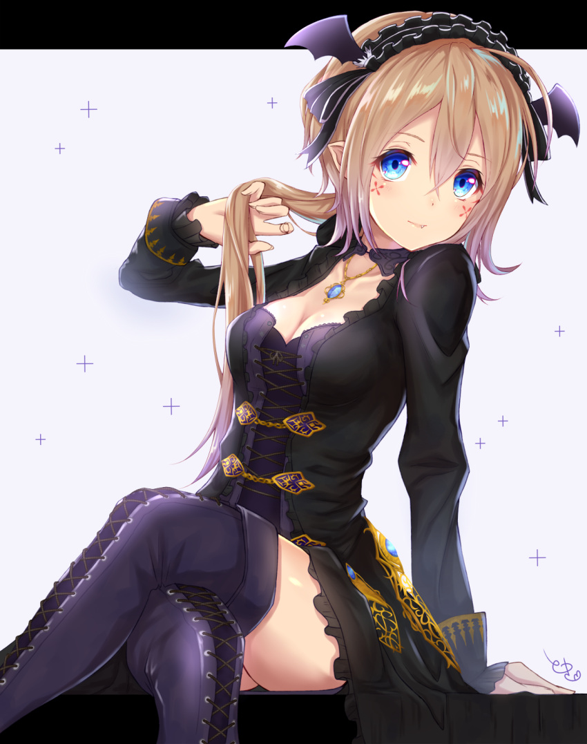 1girl arm_support bangs blonde_hair blue_eyes breasts cleavage cross-laced_clothes cross-laced_legwear dress facial_mark fang gem hair_between_eyes hairband highres jewelry legs_crossed light_smile lolita_hairband long_hair long_sleeves looking_at_viewer medium_breasts necklace original phantasy_star phantasy_star_online_2 pointy_ears ponytail signature sitting solo thigh-highs toki_(toki_ship8)