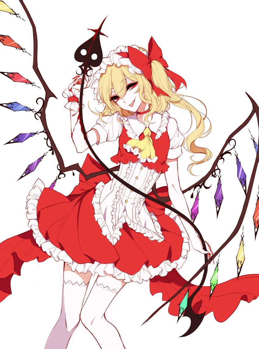 1girl absurdres ascot blonde_hair blood bloody_weapon blouse bow choker cowboy_shot cropped_vest crystal flandre_scarlet frilled_shirt_collar frilled_skirt frills hair_bow hat highres holding holding_weapon laevatein long_hair looking_at_viewer mob_cap puffy_short_sleeves puffy_sleeves red_bow red_eyes red_skirt red_vest sheya short_sleeves side_ponytail simple_background skirt smile solo thigh-highs tongue tongue_out touhou vest weapon white_background white_blouse white_hat white_legwear wings yellow_ascot