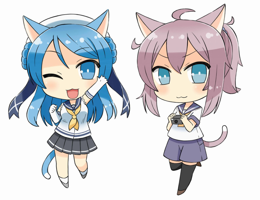 2girls :3 :d ;3 ;d ahoge animal_ears aoba_(kantai_collection) black_legwear blue_eyes blue_hair camera cat_ears cat_tail chibi commentary_request double_bun elbow_gloves gloves highres holding kantai_collection kemonomimi_mode long_hair looking_at_viewer multiple_girls one_eye_closed open_mouth pleated_skirt ponytail purple_hair school_uniform serafuku shorts simple_background skirt smile soba_(sobaya1938) tail thigh-highs urakaze_(kantai_collection) waving white_background white_gloves zettai_ryouiki