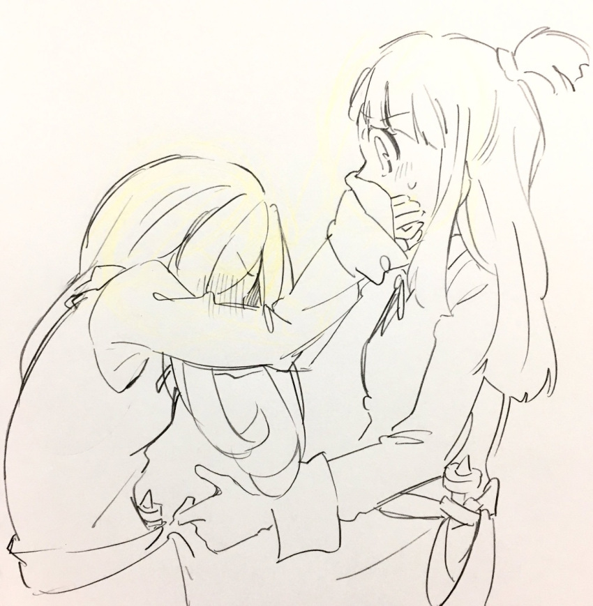 2girls blush covering_mouth hair_over_one_eye hand_over_another's_mouth highres ichigo_choco kagari_atsuko little_witch_academia long_hair multiple_girls pale_color school_uniform sketch sucy_manbavaran surprised yuri